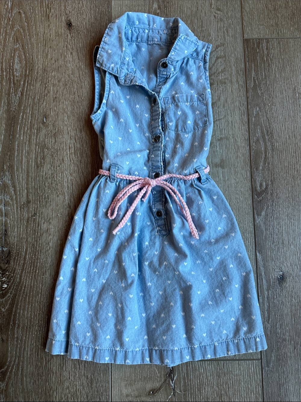 Carter’s Toddler Girls' Blue Chambray Heart Print Dress with Pink Rope Belt 3T 💕